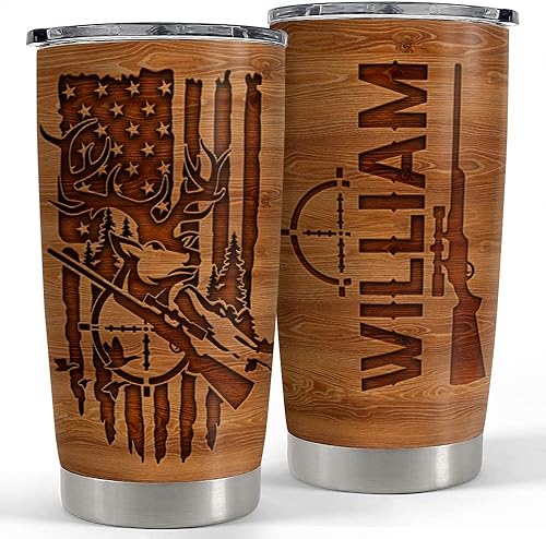 SANDJEST Vaso de caza personalizado estilo madera, bandera estadounidense, 20 onzas, 30 onzas, con tapa, regalo para hombres, padres, mejores