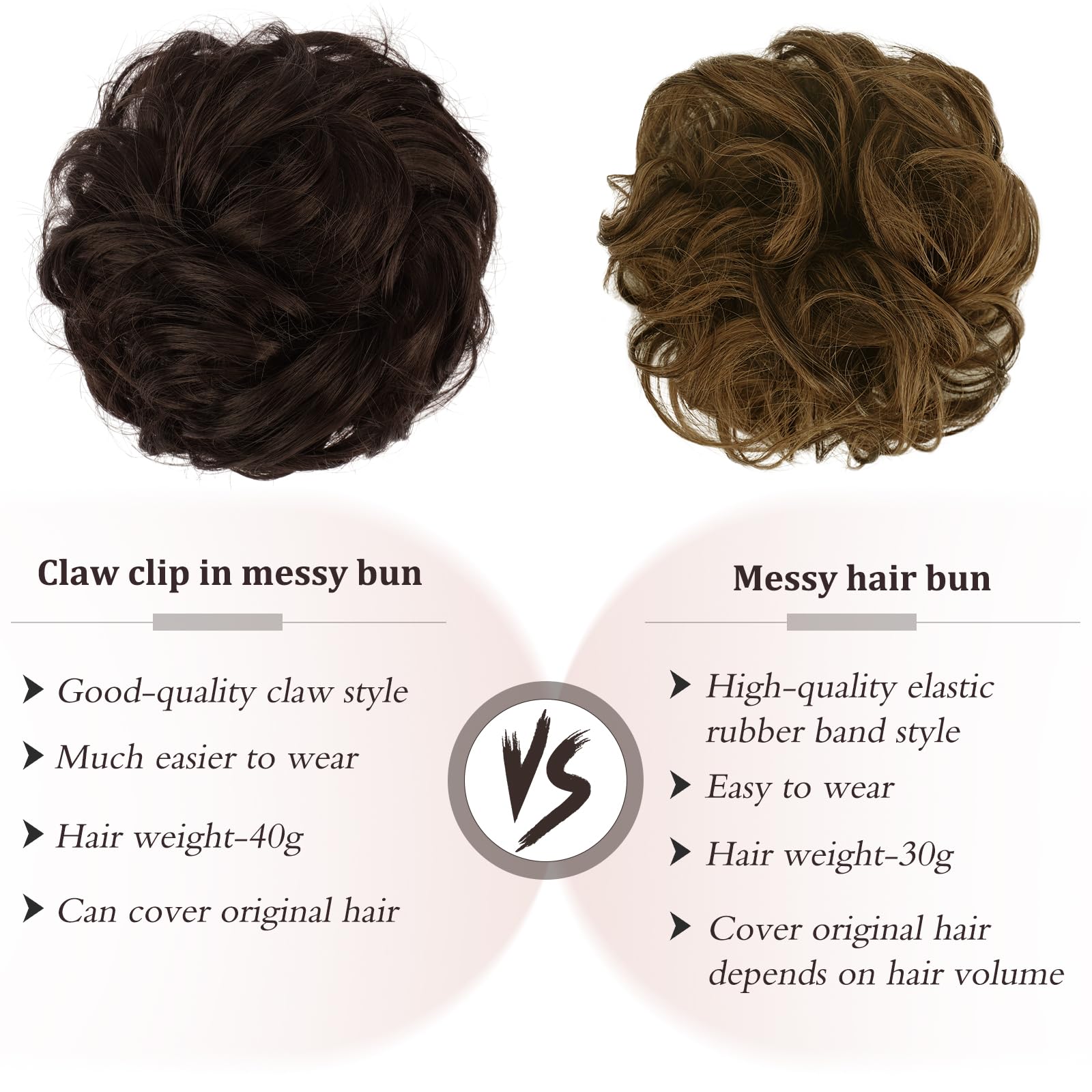 RUWISS Chignon en Cheveux Humains, 100% Cheveux Humains Ondulés Bouclés Chignon Postiche Cheveux avec Pince, Extensions de Cheveux Naturels à Clips Messy Bun - 40g Brun Foncé et Brun Clair
