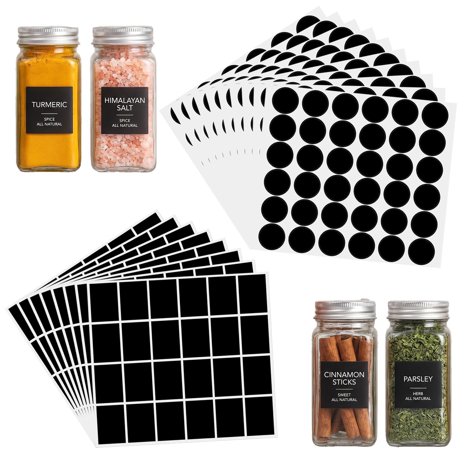 Guduling 542 Pcs Spice Labels Stickers for Jars, Spice Jar Labels,Preprinted Waterproof with Round & Rectangular Design for Pantry Organization (Black)
