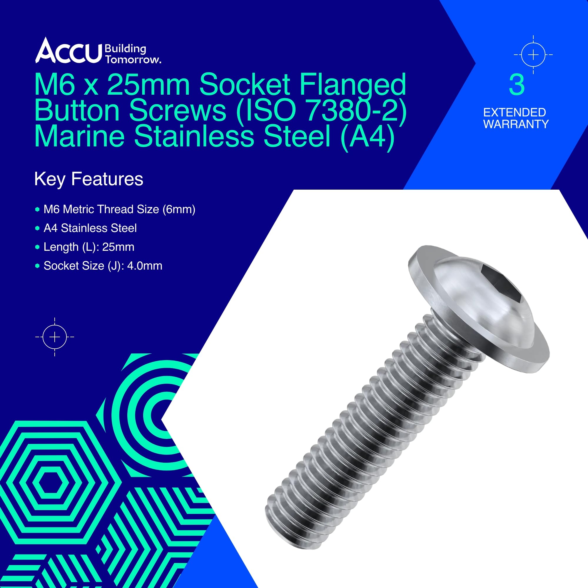 Accu - M6 x 25mm Socket Flanged Button Screws (ISO 7380-2) - Marine Stainless Steel (A4) (Pack of 20) - Image 2