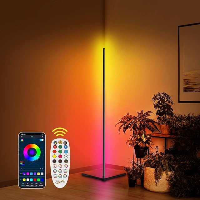 Lashahope Corner Floor Lamp,RGB Color Changing Mood Lighting with Bluetooth App and Remote Control,Music Sync/Timing/ Dimmable/Multi Lighting Modes Floor Lamp for Living Room,Bedroom,Home Decoration