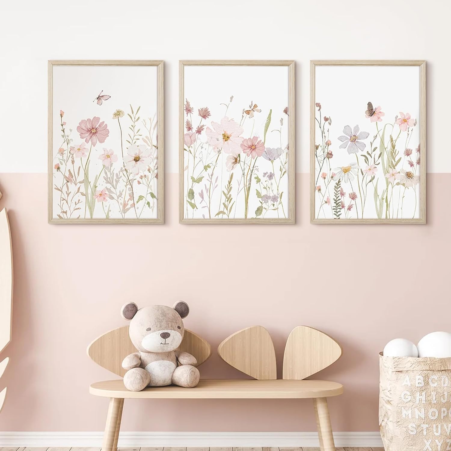 Wildflower Nursery Wall Art Pink Watercolor Floral Painting Baby Girl Nursery Canvas Wall Decor Vintage Botanical Flower Picture Boho Wildflower Prints for Bedroom 12x16x3 Inch Framed