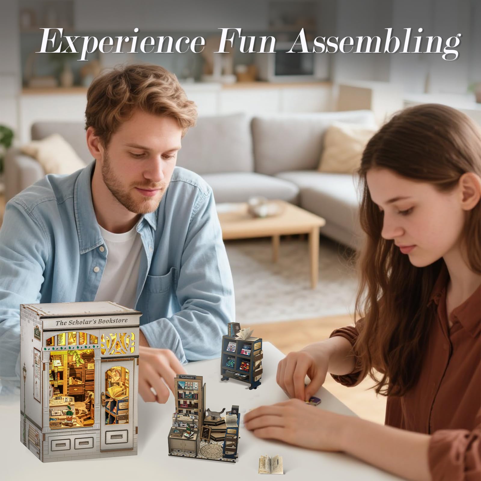 CUTEBEE Kit Book Nook per Adulti - DIY Casa Prefabbricata di Legno con Luci LED, Puzzle 3D e Supporto Libri - Regalo Creativo per Appassionati di Lettura, Decorazione per Libreria