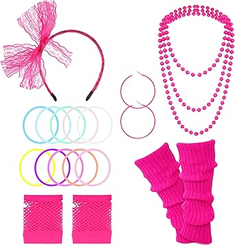 80s Outfit Fancy Dress Costume Accessories, Headband Earings Fishnet Gloves Leg Warmers Necklace Bracelt Set