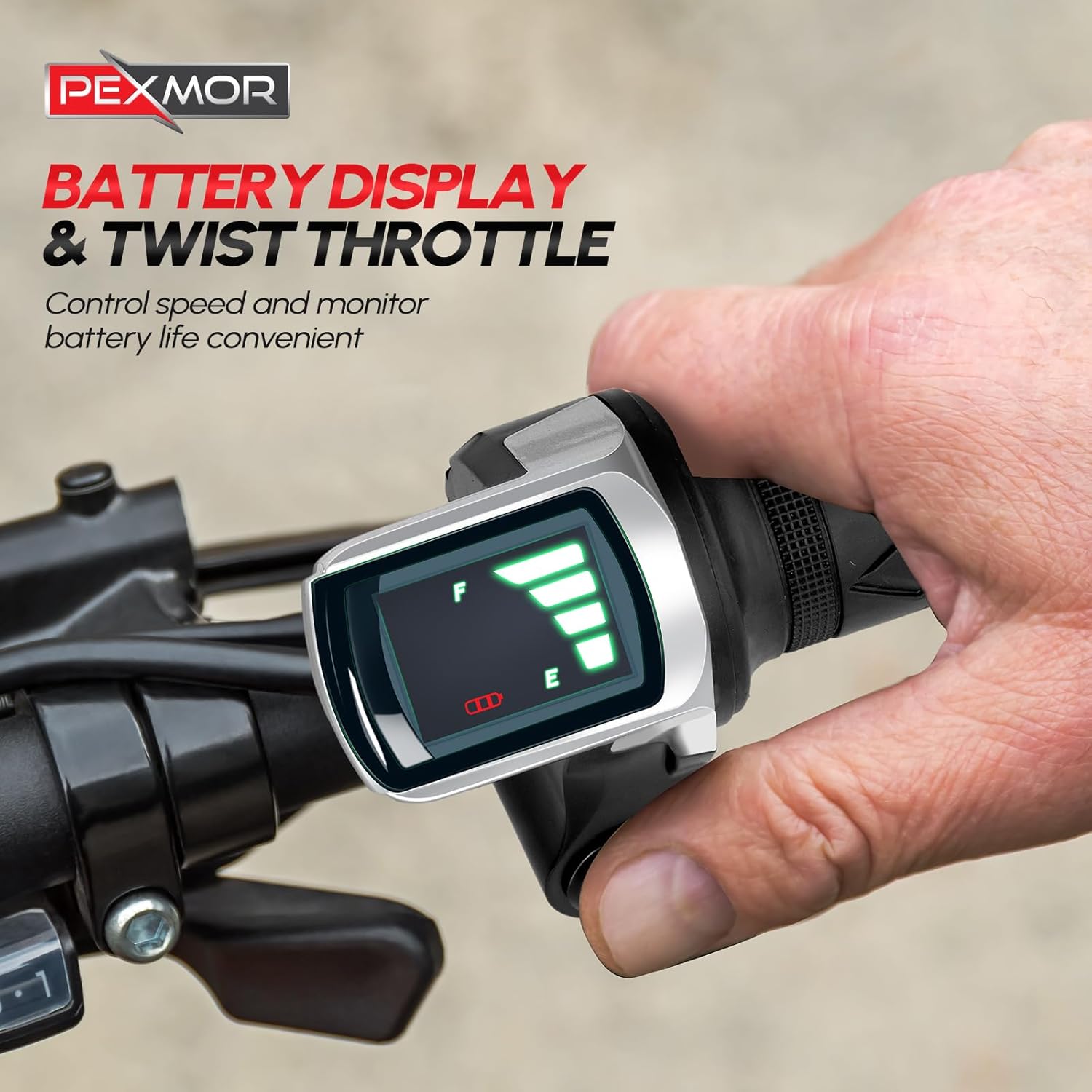 Close-up of the twist throttle with an integrated battery indicator display on a bicycle handlebar.