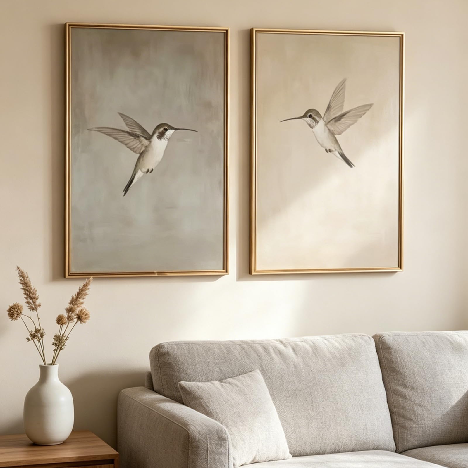 ZBELLO 2 Piece Neutral Hummingbird Bird Canvas Posters, Vintage Cottage Core Country Bird Wall Prints, Earth Tone Wall Art for Bedroom Living Room, Unframed (40x50cm)