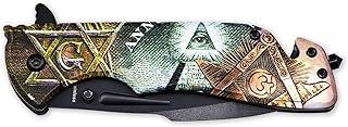 All Seeing Eye Square & Compass Masonic Folding Pocket Knife - [Brown & Green]