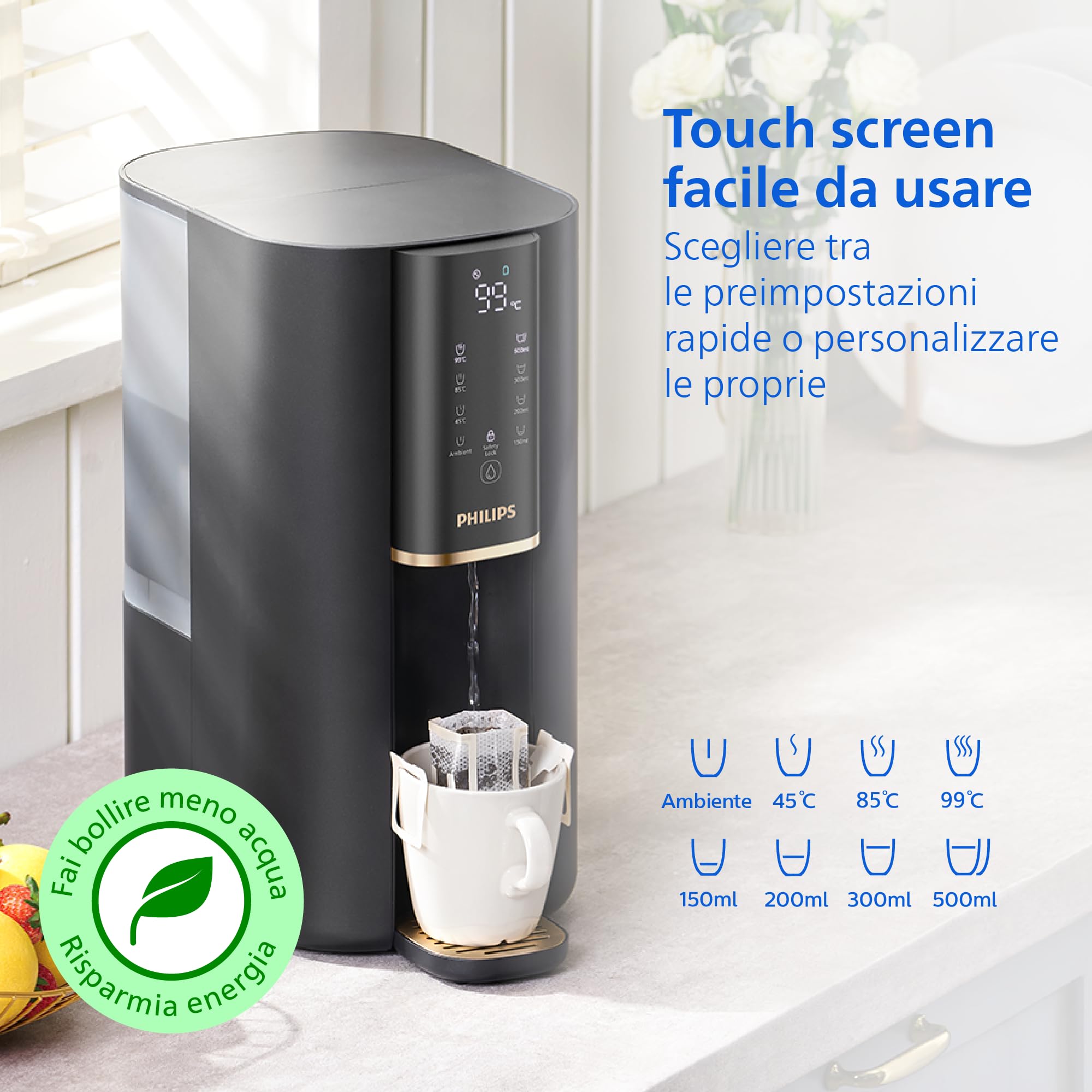 Philips Water Erogatore d’acqua a Osmosi Inversa 6100: acqua calda purificata in secondi, gusto migliore, filtrazione RO 5in1, >110 contaminanti ridotti, rapporto 3:1,UV-C, senza installazione, 2000L