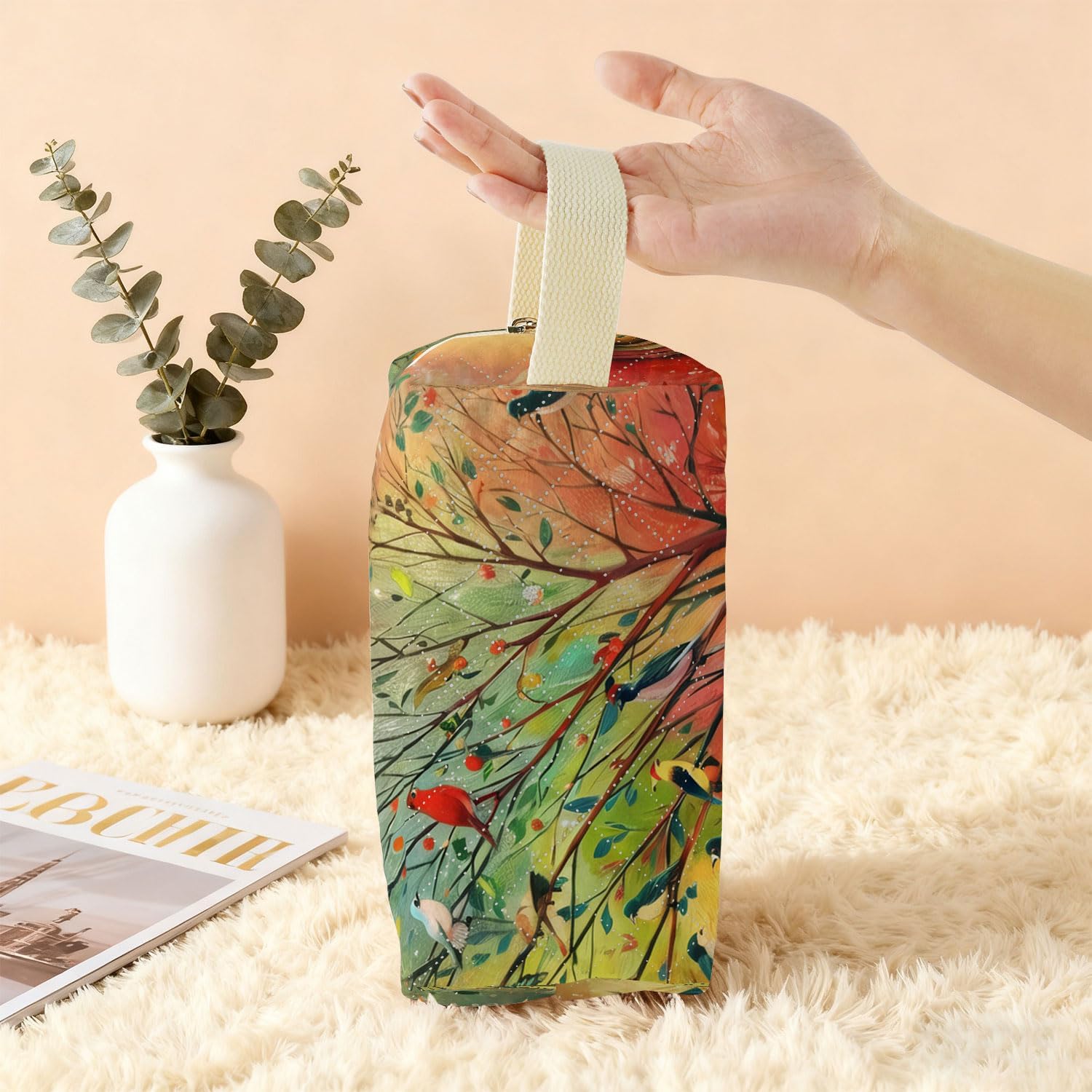 Colorful Birds Printed Quilted Makeup Bag for Women - Velvety Polyester Cosmetic Organizer w/Triple Compartments, Travel & Makeup Brush Holder - Image 6