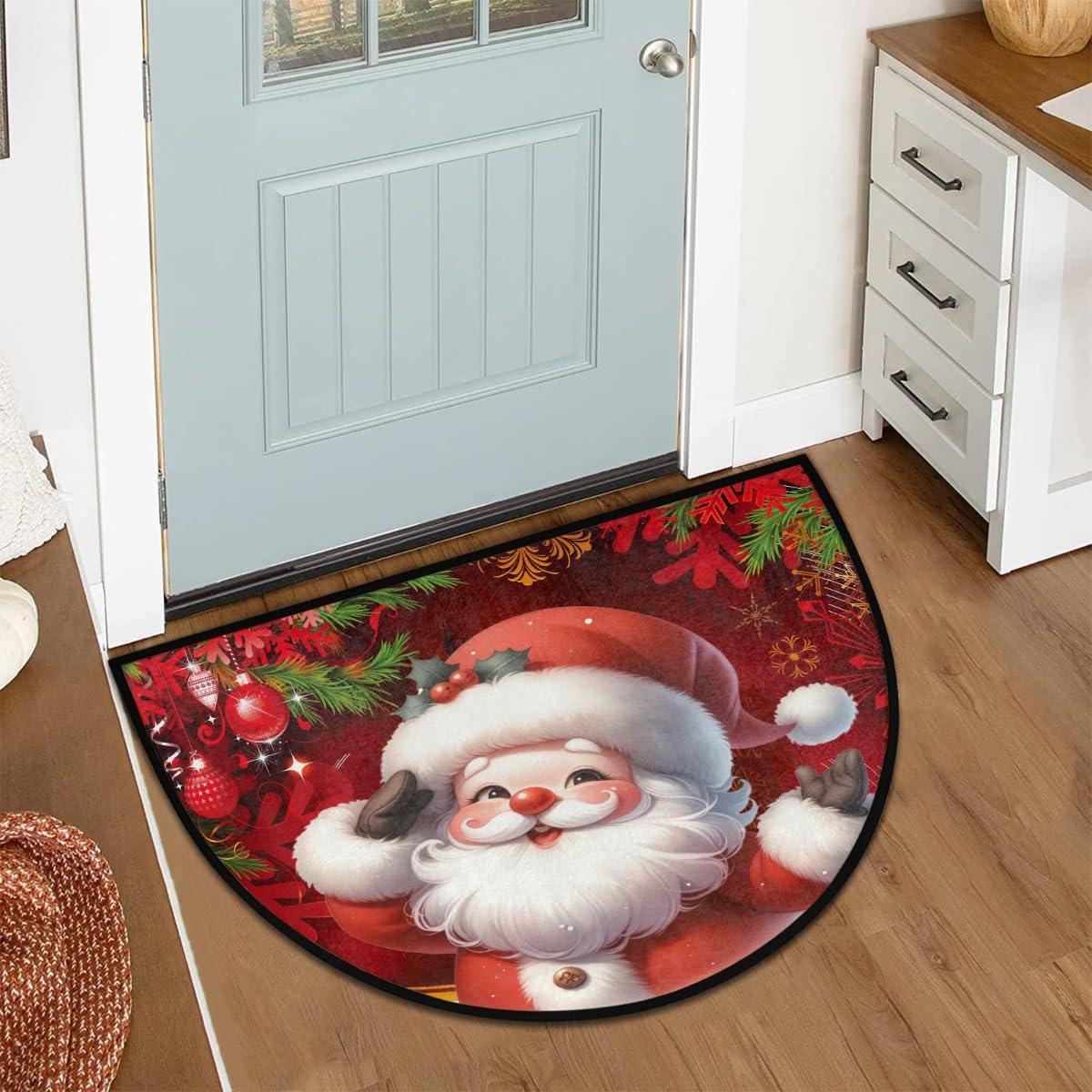 Half Round Door Mat Christmas Santa Claus Red Non Slip Absorbent Semi Circle Area Rugs Washable Half Moon Floor Mats for Indoor Patio Kitchen Bathroom Entryway Fireplace Home Carpet Festival Decor