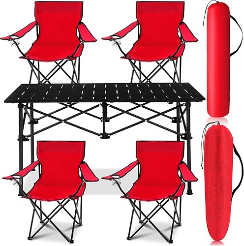 Juego de 5 sillas de campamento portátiles de verano y mesa de campamento plegable, silla plegable de tela Oxford para exteriores, mesa de