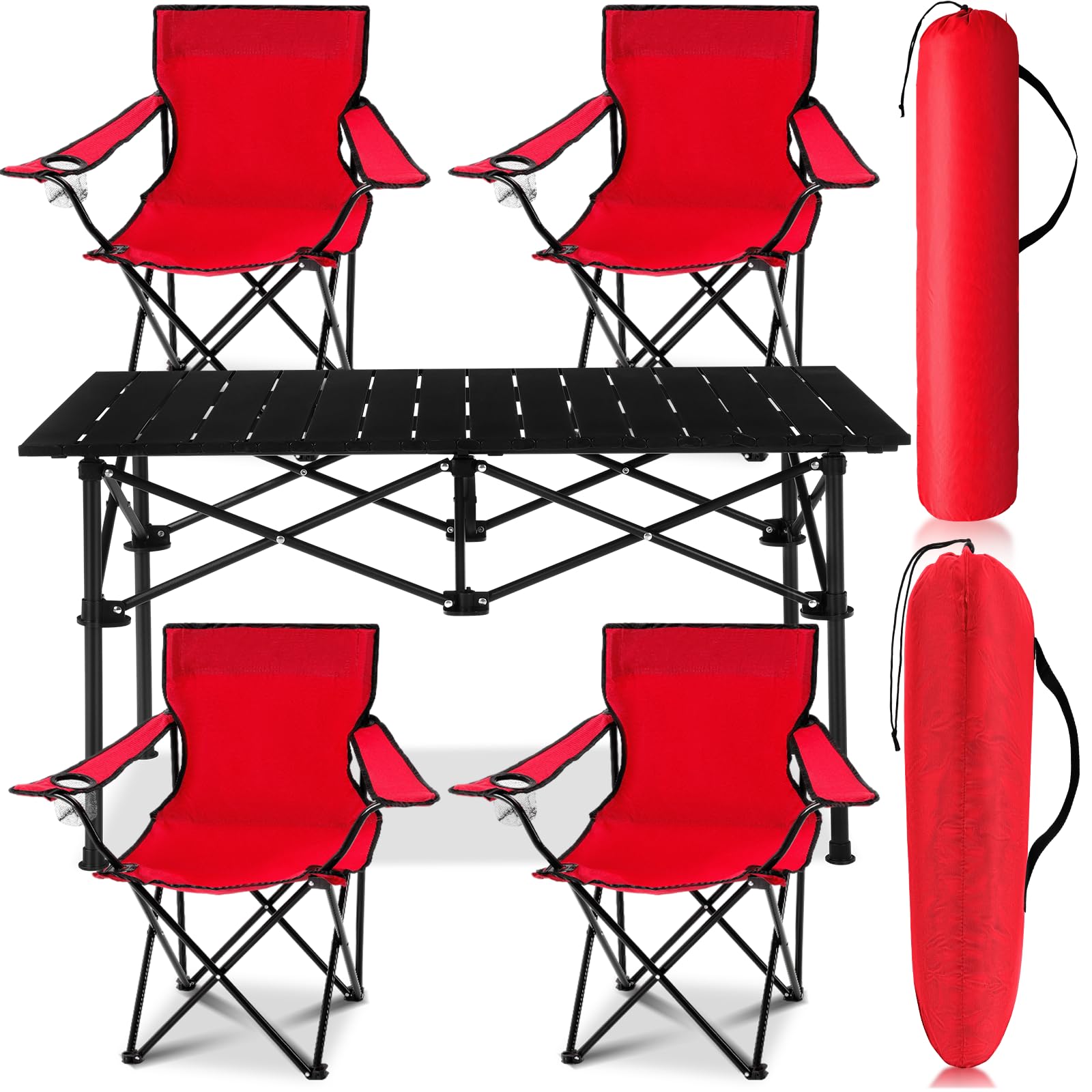 Burbell 5 Pcs Summer Portable Camping Chair and Folding Camping Table Set Outdoor Oxford Fabric Folding Chair Lawn Portable Camp Table with Cup Holder