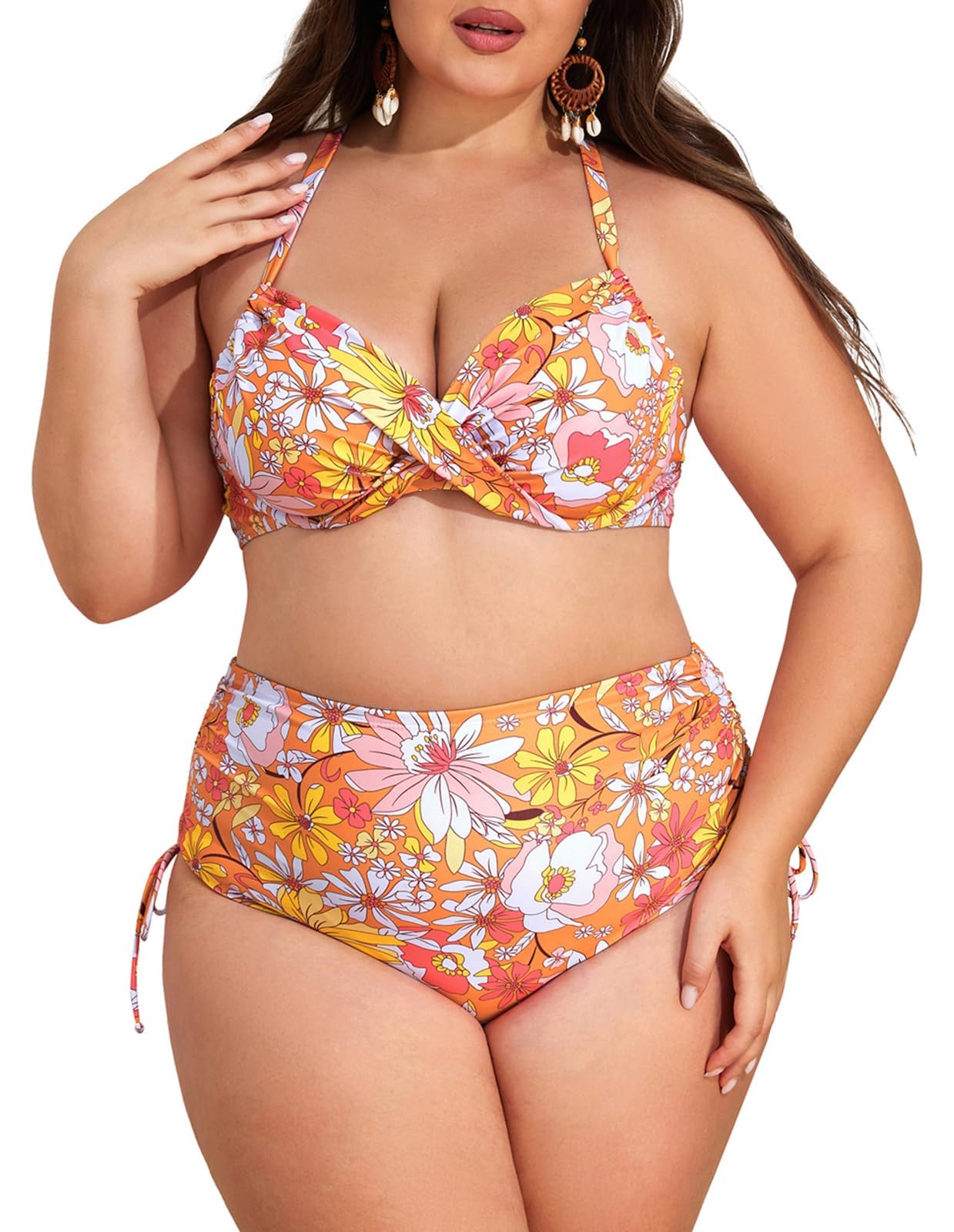 Hanna Nikole Conjunto de bikini para mujer, talla grande, cintura alta, entrecruzado, realce y plisado, traje de baño de dos piezas
