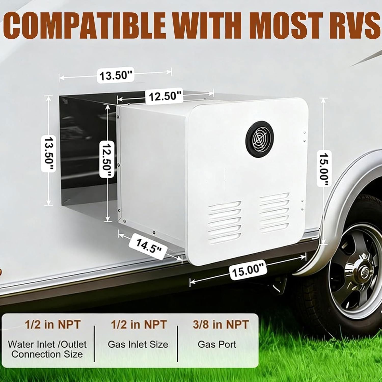 55,000 BTU RV Water Heater, RV Tankless Hot Water Heater with 15 X 15 Inch Door, Stainless Steel & Smart Panel with Remote Control, Compatible With All Rvs, Campers White