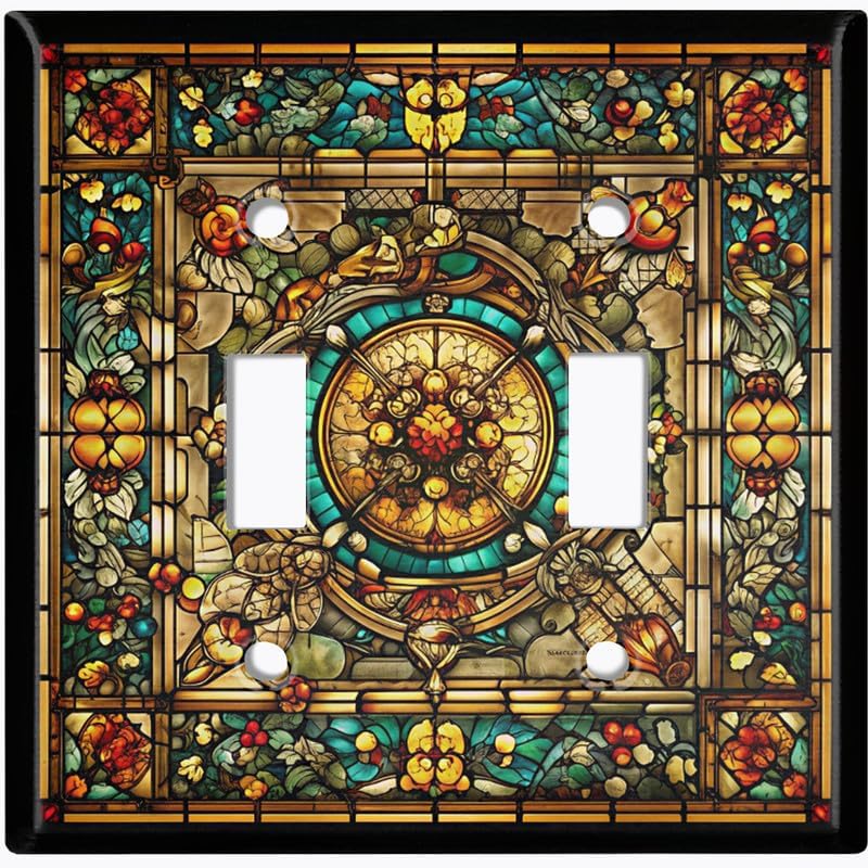 Metal Light Switch Plate Cover; Standard Size 4 Gang Toggle - Victorian Stained Glass Medallion GSS170