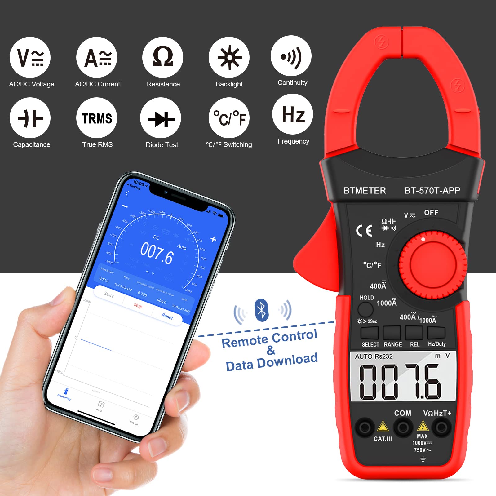 BTMETER AC/DC 1000A Clamp Multimeter, 4000 Counts Digital Clamp-on Meter with Data Logging Measure Amp Volt Ohm Capacitance Frequency Temperature Continuity, Electrical Tester 570T-APP — Amazon image 2