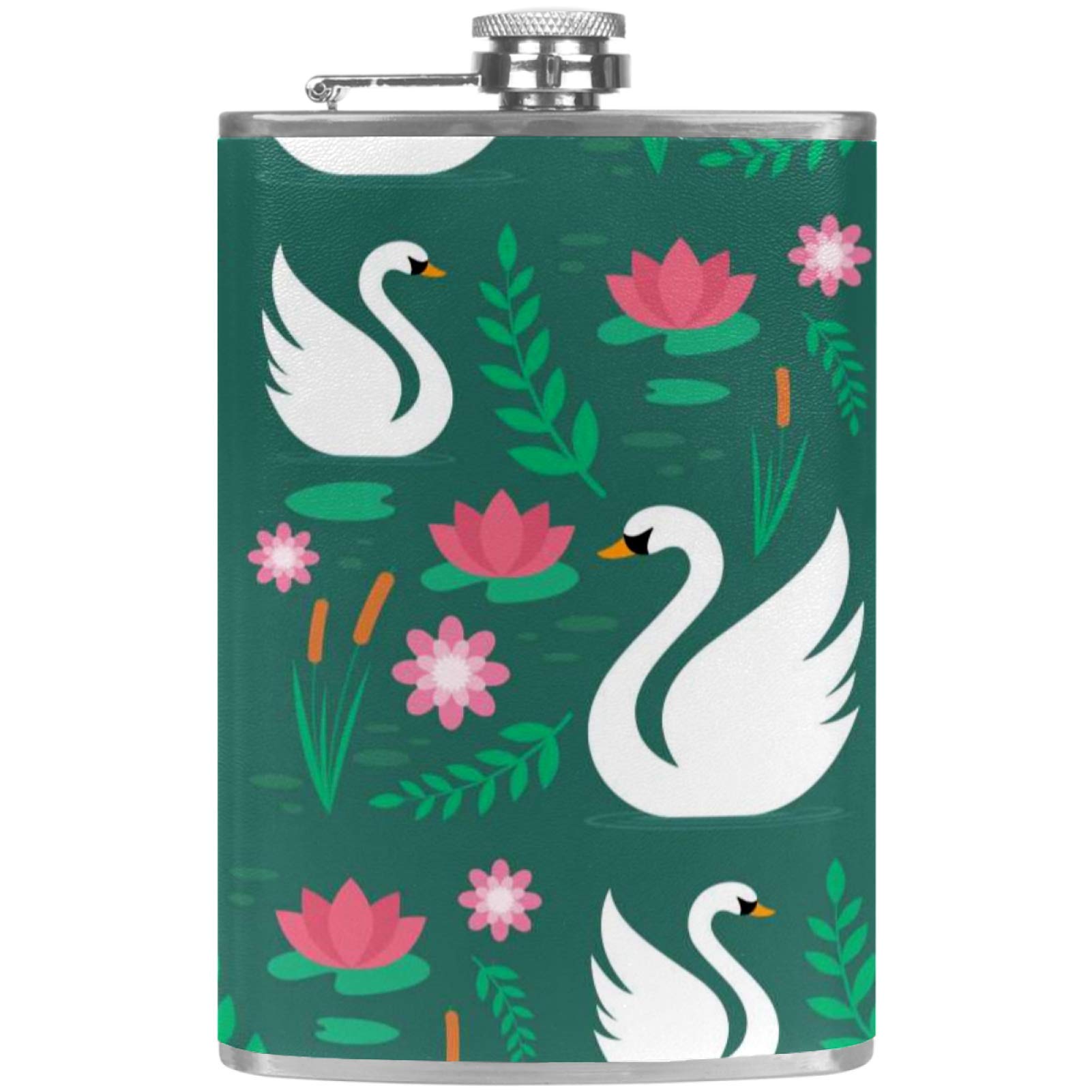 Flasque à whisky étanche et son entonnoir en cuir au design floral de cygnes gracieux