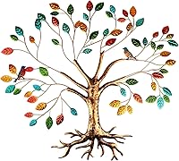 Fangoo Tree of Life Metal Wall Art Sculpture 22x26 Inch - Multi-Colored Leaves & Hummingbirds Wall Hanging for Living Room, Bedroom, Garden