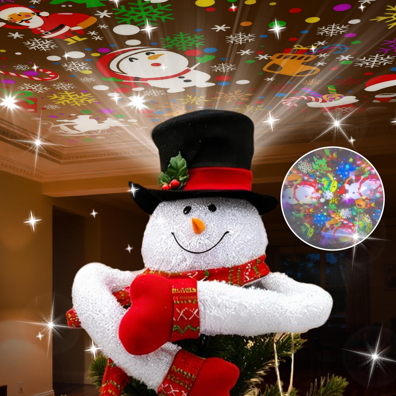 Snowman Christmas Tree Topper Lighted, Snowman Tree Topper with Lights & Snowflake Projector Light, Holiday Hat Xmas Decor for Christmas & New Year, White