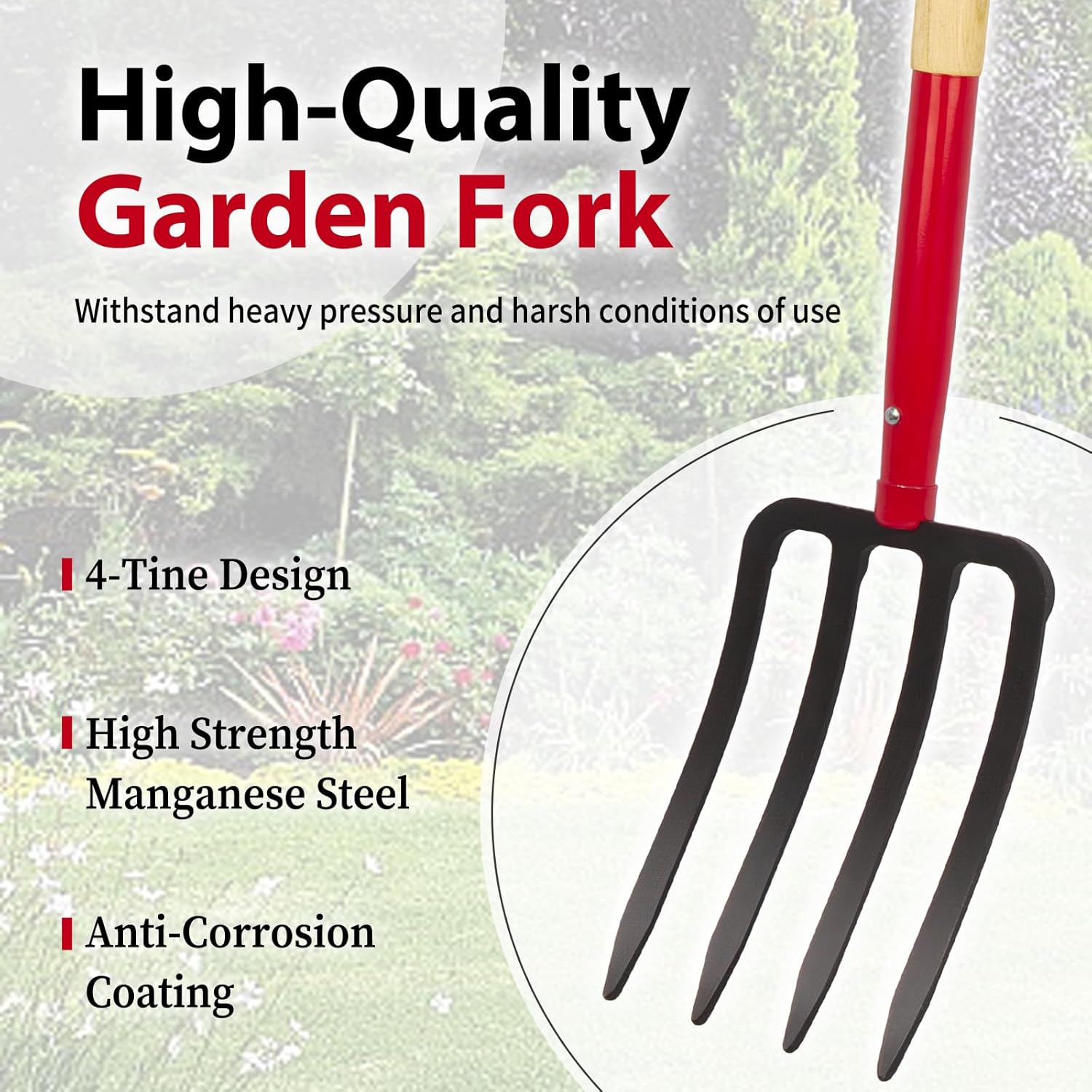 Heavy Duty Garden Fork for Digging, 4 Tines Pitch Fork for Gardening Compost, Garden Pitch Fork with Wooden Handle, 45 Inches