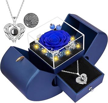 moshen Preserved Rose Gift Box with LED Lights, Red Floral Arrangement, Romantic Jewelry Display Case for Valentines Day, Anniversary, Birthday Blue