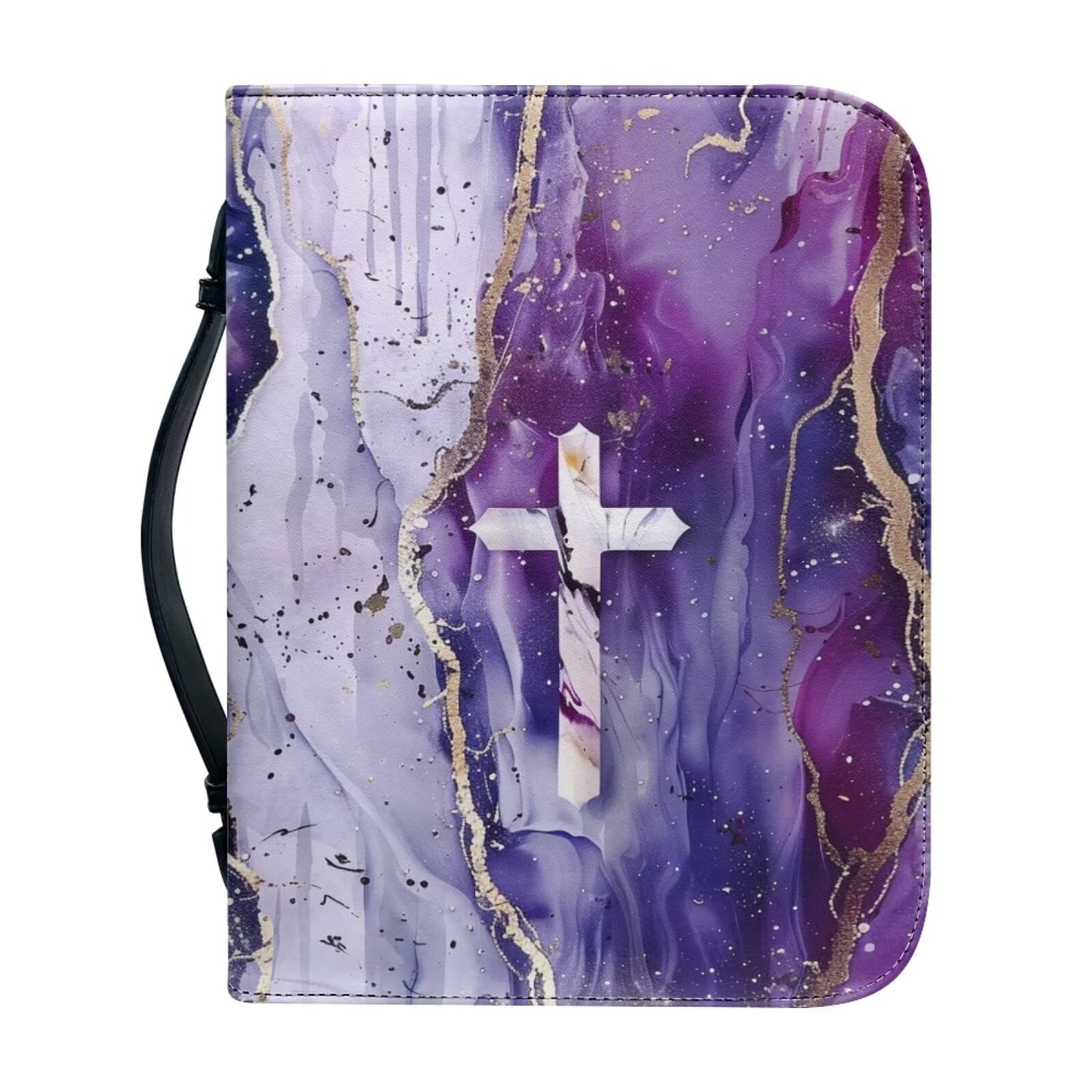 Ceudet Leather Bible Cover Case for Women, Bible Carrying Size Bag for Study Travel with Pen SlotFit Standard Large Bible Gifts for Girls,Purple Marble Cross,XL