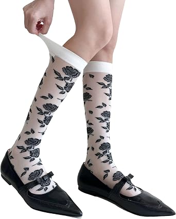 Women Cute Knee High Socks with Ruffles Opaque Knee High Stockings Lace Calf Socks Lolita Stockings