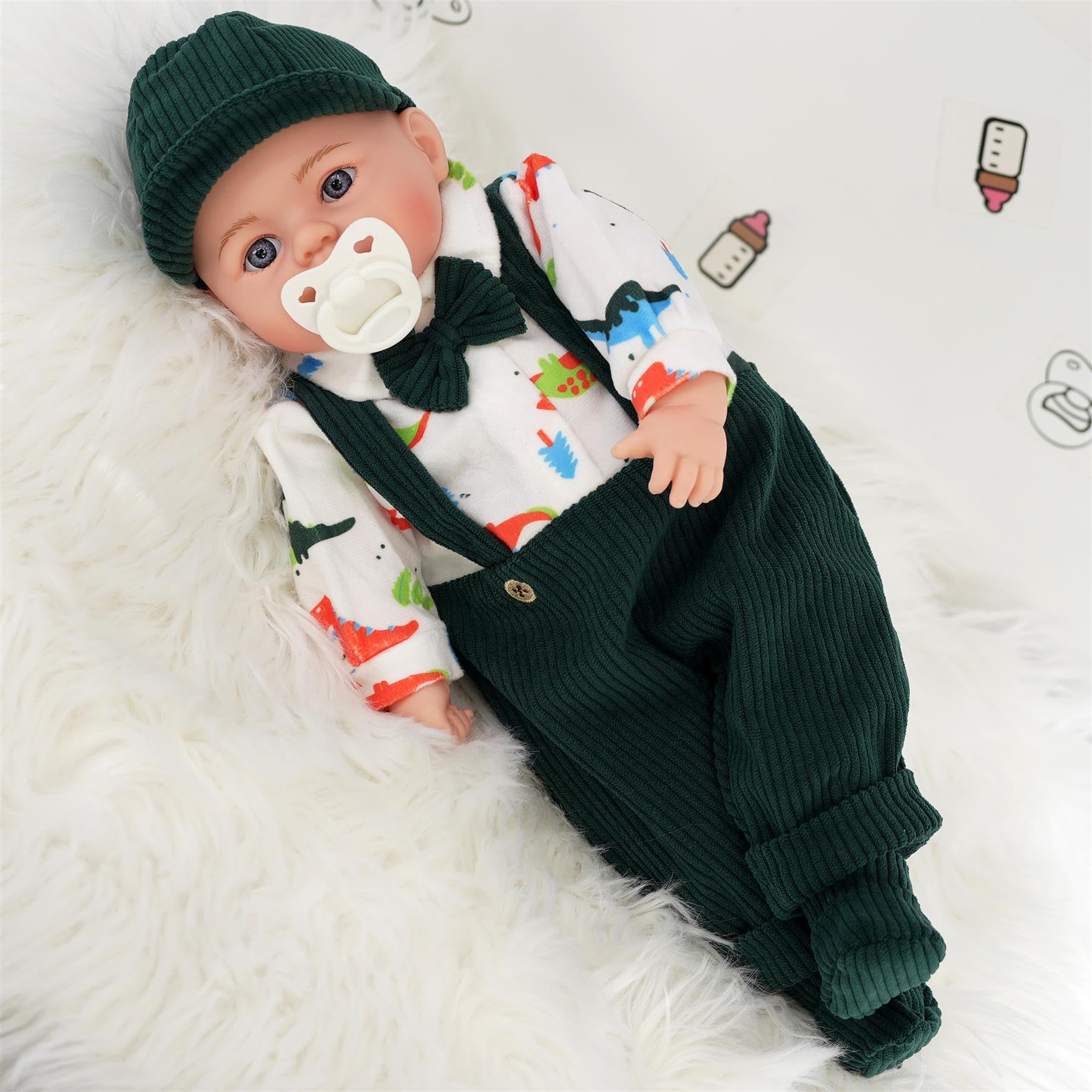 Bibi Doll 18" Baby Boy Doll with Dummy & Sounds - Lifelike, Soft Body, Dinosaur Theme Green Formal Outfit, Realistic Toy for Girls & Boys Aged 18 Months+