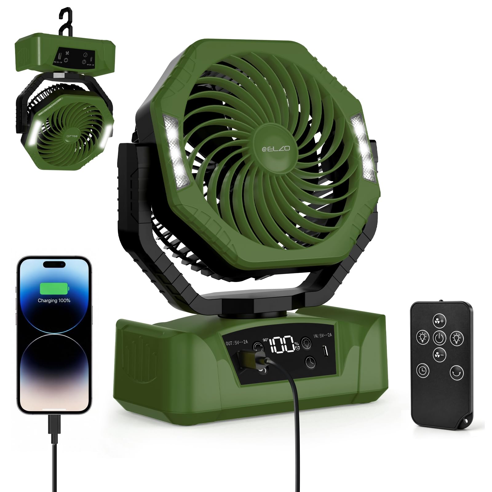 ELZO 20000mAh Camping Fan with LED Light, Portable Rechargeable Desk Tent USB Fan with Remote & Hook, Head Rotation, 5 Step Speed, with Sleep Mode for Home Outdoor Office Travel Fishing