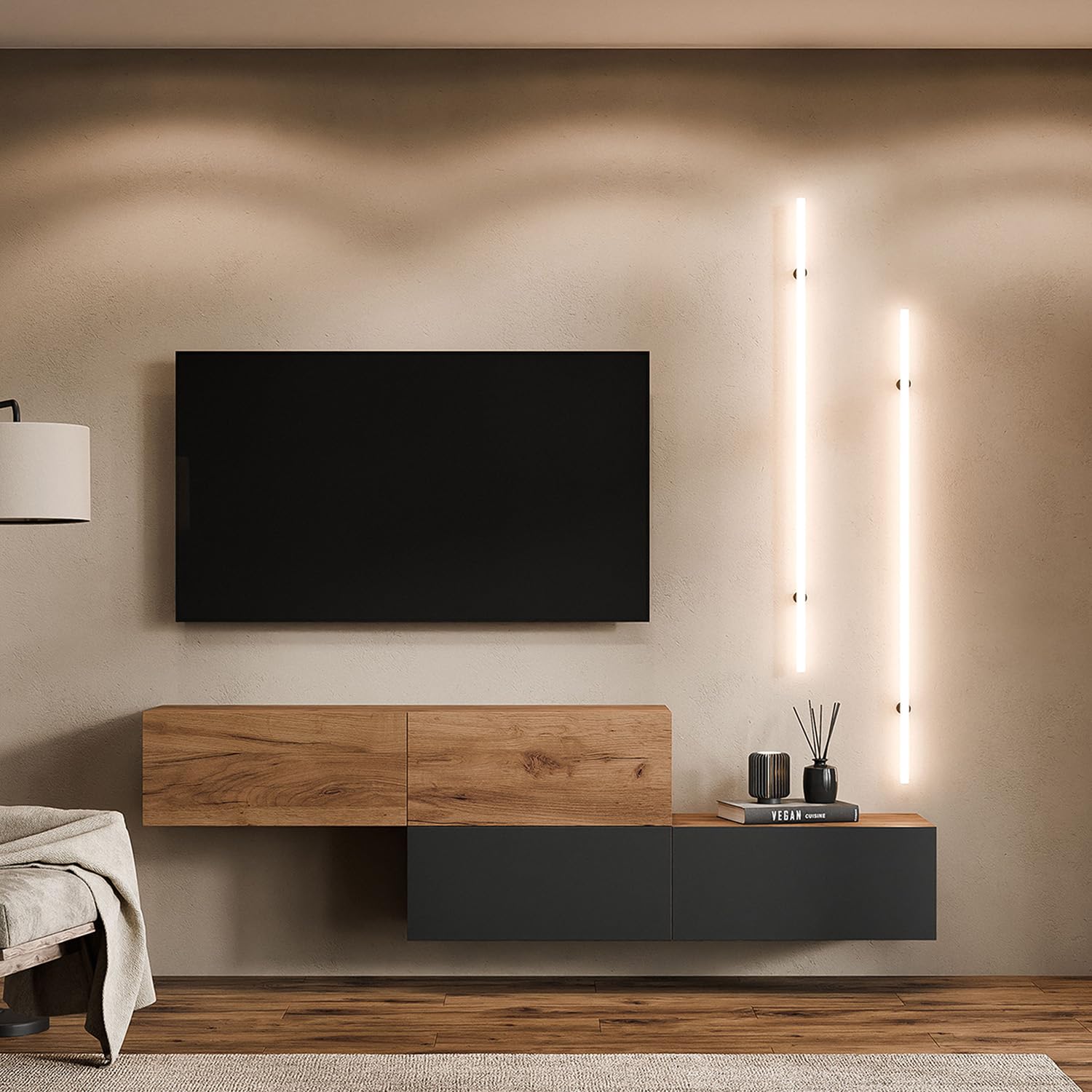 Planetmöbel TV Mobile soggiorno 2X 140 cm Oro Rovere/Antracite - Oro Rovere, Moderno, Mobile TV con 2 ante per lo stoccaggio, da appendere o utilizzare con appoggio a terra