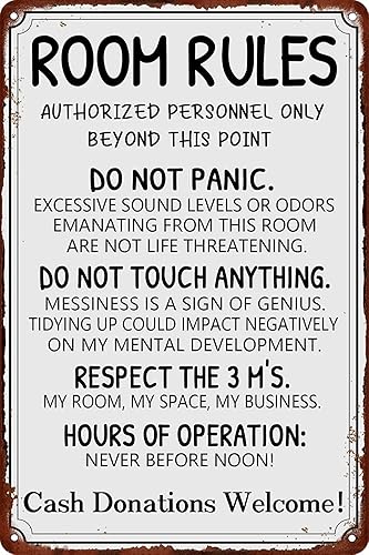 Letrero de metal divertido con reglas de habitación para adolescentes y niñas, decoración de puerta de habitación, letreros de reglas de habitación