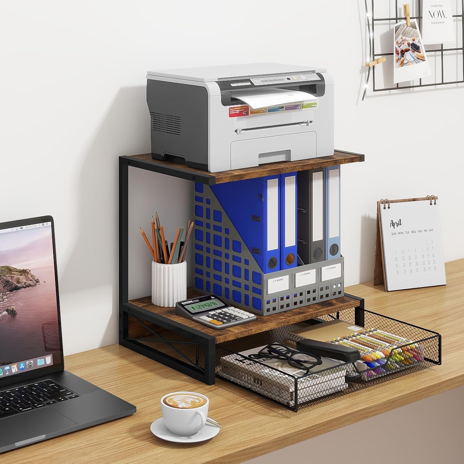 ELITEROO 2-Tier Desktop Printer Stand with Storage Drawer, Wooden Printer Stand for Desk, Small Printer Table with Shelf for Home Office, Fits Fax Machine, Scanner, 3D Printer, Rustic Brown