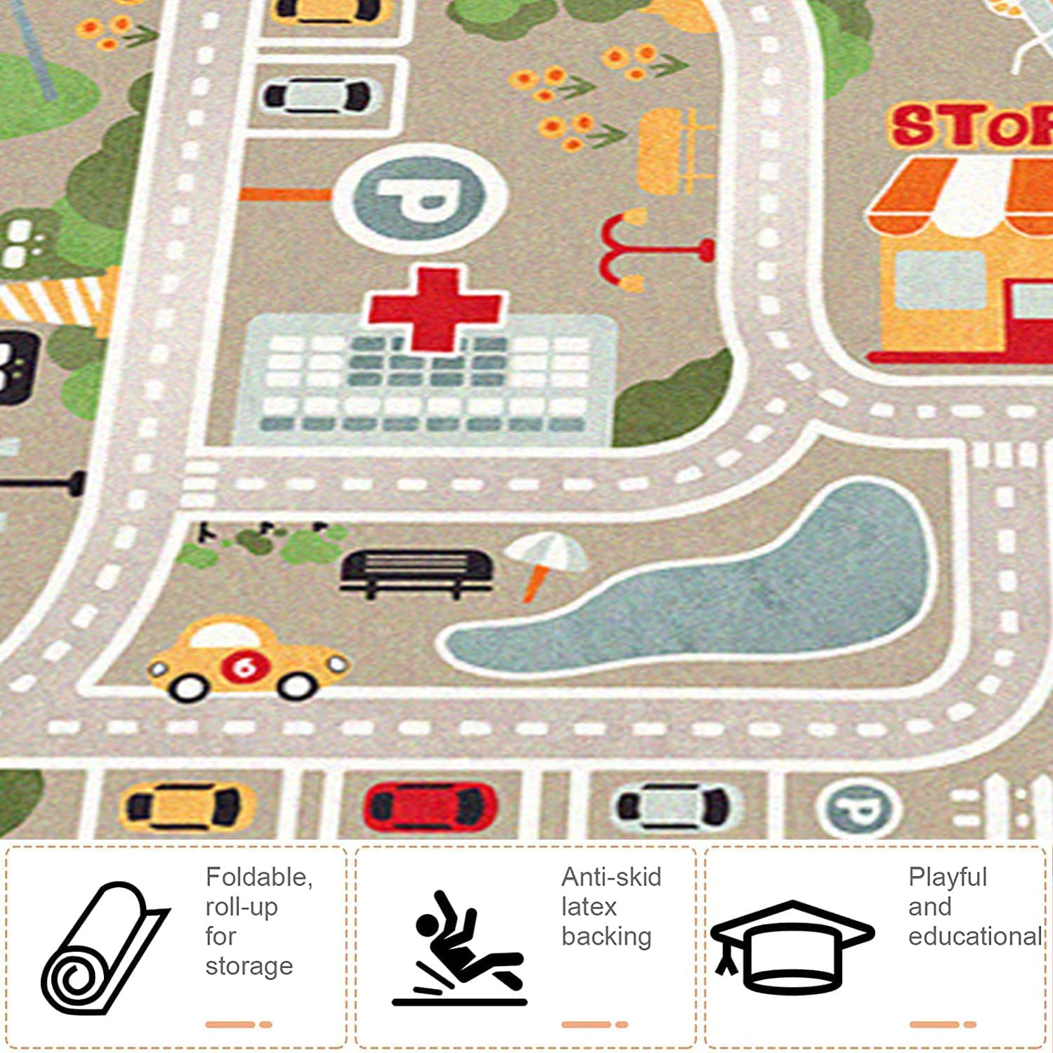 Kids Playroom Rug City Life Play Mat for Toy Cars and Trains, Play Area Rug with Rubber Backing Non-Slip Carpet, Kids Race Track Rug for Playing and Learning (2'7''X4'11''(Oblong))