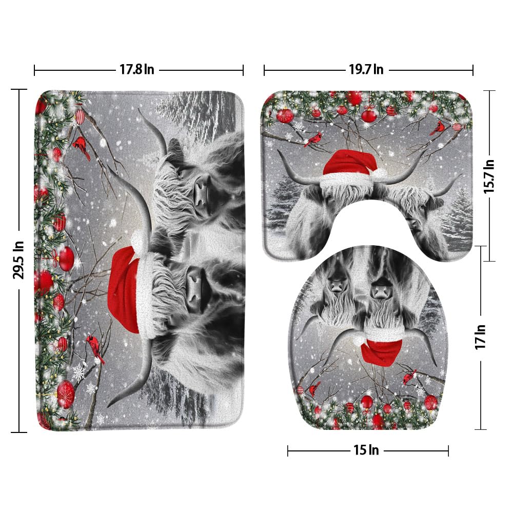 3pcs Christmas Highland Cow Bathroom Sets with Non-Slip Rug,Toilet Lid Cover and Bath Mat,Grey Winter Forest Animal Red Birds Pine Fir Tree Xmas Balls Snow Scenery Bathroom Carpet Bath Mat Toilet Rugs