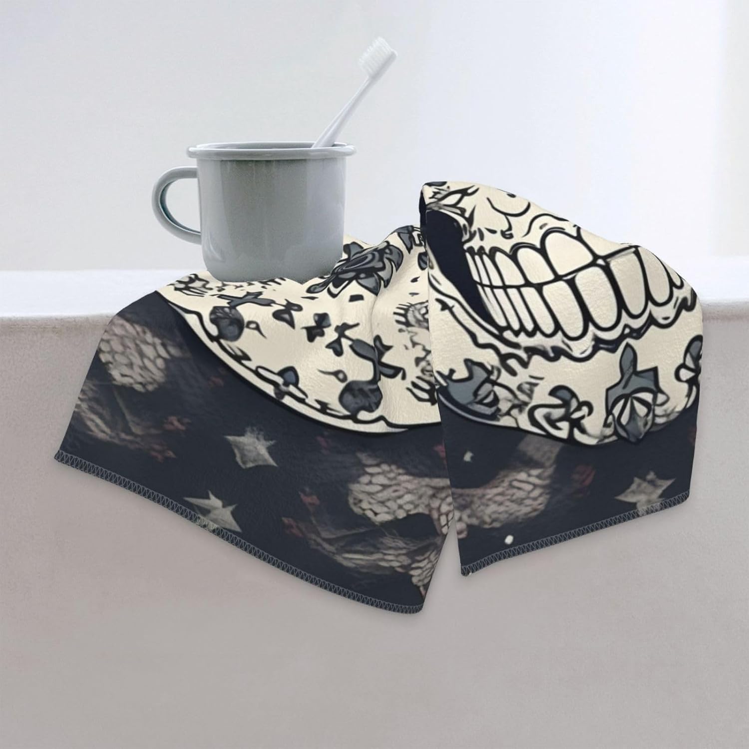 Skull Yoga and Flower Print Hand Towels for Kitchen, Decorative Bathroom Towels Decor Farmhouse Cute for Men Women Gifts