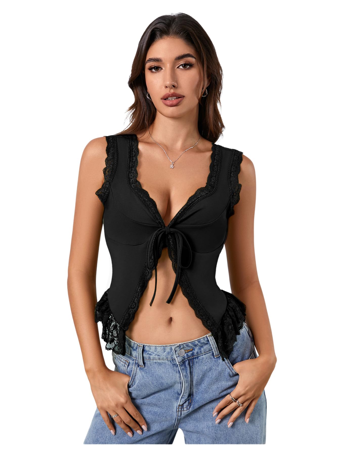 OYOANGLE Women's Summer Casual Tie Front Top Sleeveless V Neck Lace Trim Going Out Crop Blouse