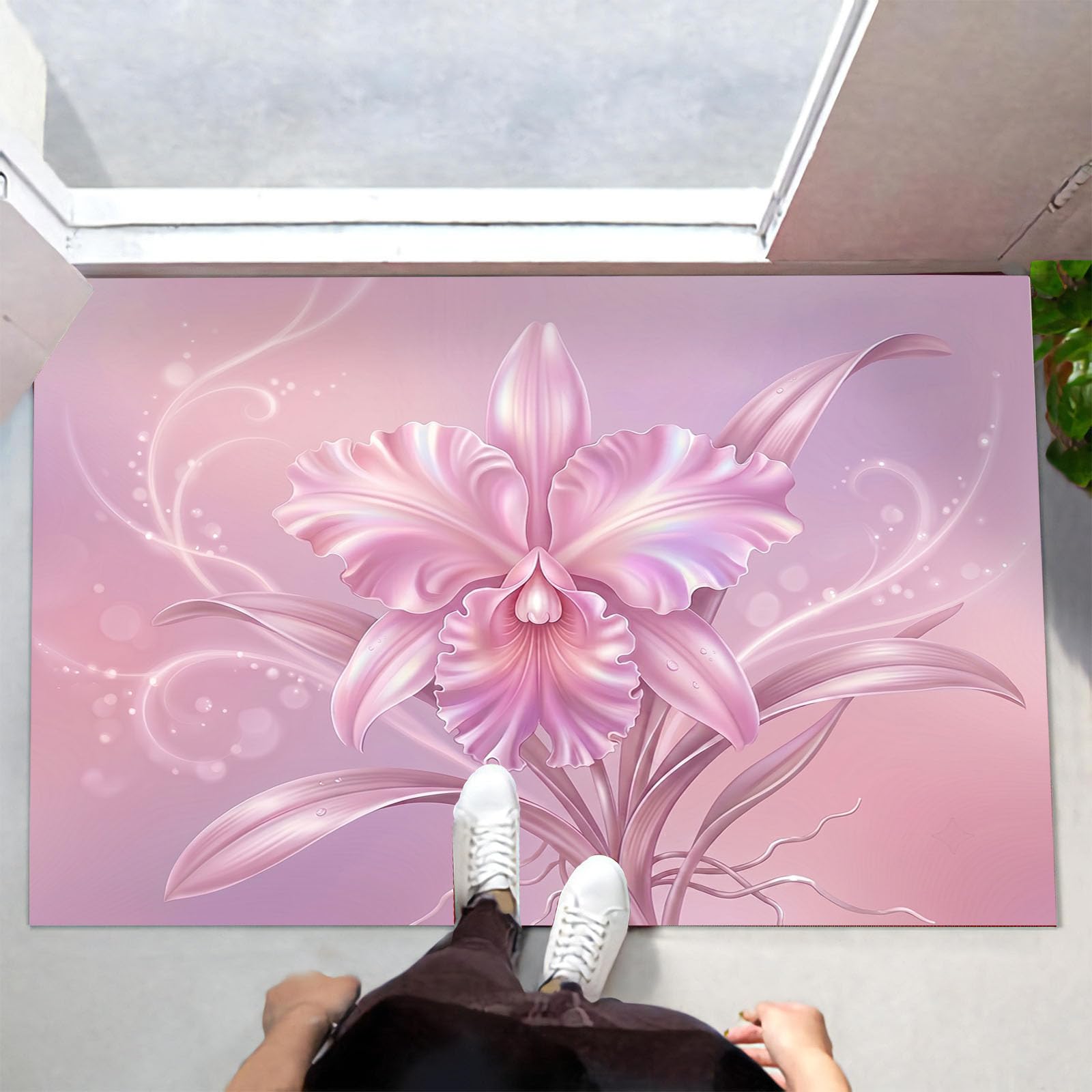 Zerbino Ingresso Interno Orchidea Phalaenopsis 3D Splendente, Zerbino Di Benvenuto Lavabile Morbida Fiori Romantici A Tinta Unita, Antiscivolo Tappeto Da Decorazioni Rosa Per Casa Porta, 60X90Cm
