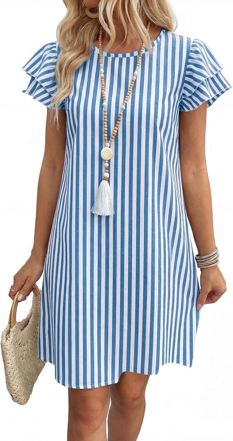 OFEEFAN Womens Summer Dresses 2026 Ruffle Sleeve Round Neck Loose Swing Sundresses with Pockets Plain/Print