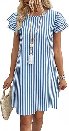 OFEEFAN Women's Summer Dresses 2026 Ruffle Sleeve Round Neck Loose Swing Sundresses with Pockets