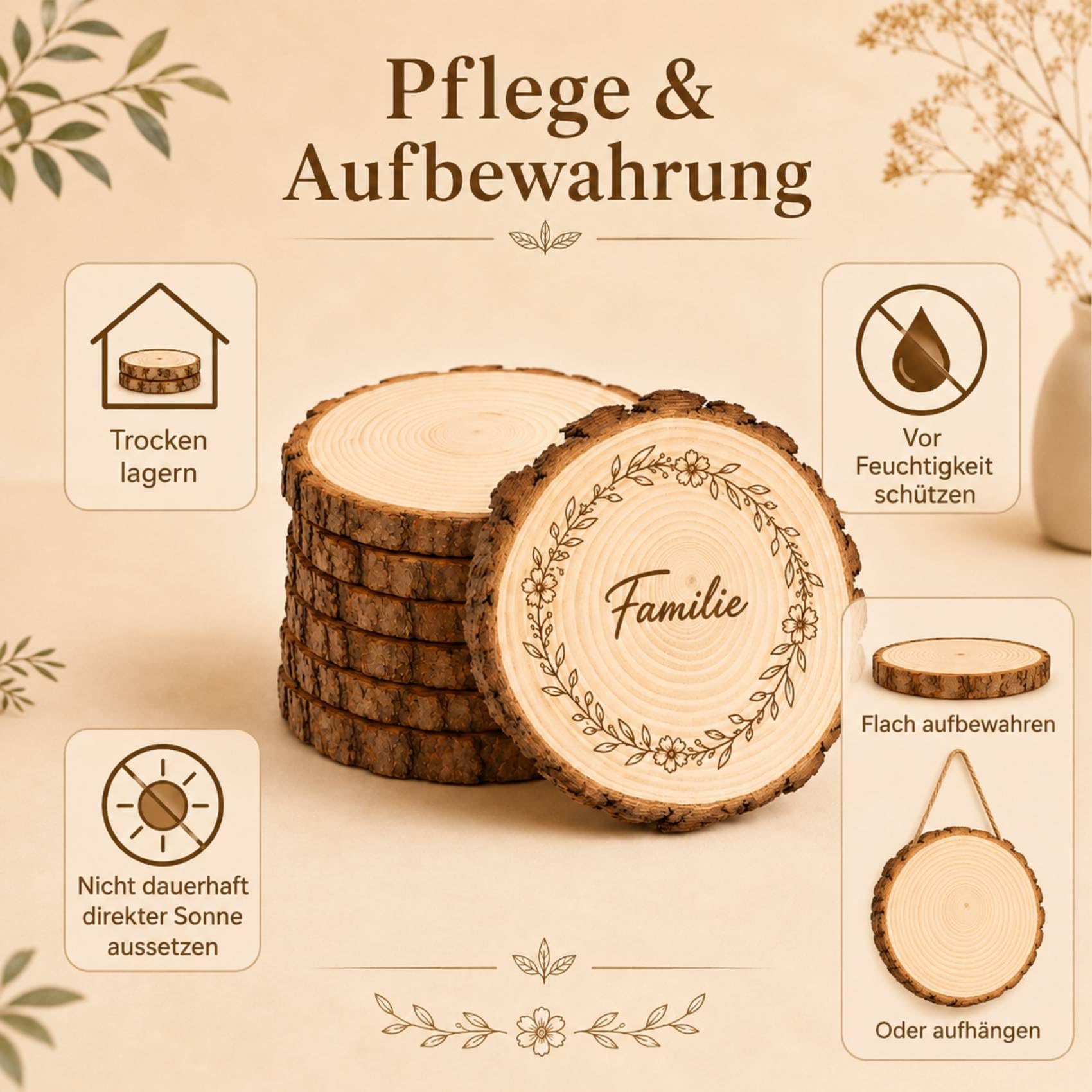 6er Set Personalisierter Holzscheiben mit Gravur Text Muster, 20-22 cm Durchmesser Baumscheiben Natur ohne Loch 15 mm Dicke, Große Holzscheiben für Hochzeit, Tischdeko & DIY Basteln