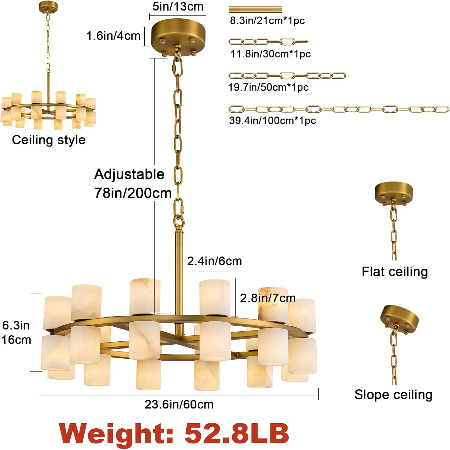 Alabaster Round Chandelier, Natural Spanish Stone Texture Chandeliers, D23.6in Round Chandeliers for Dining Room Small Chandelier Light Fixture for Kitchen Living Room Foyer Entryway Hallway (Brass)