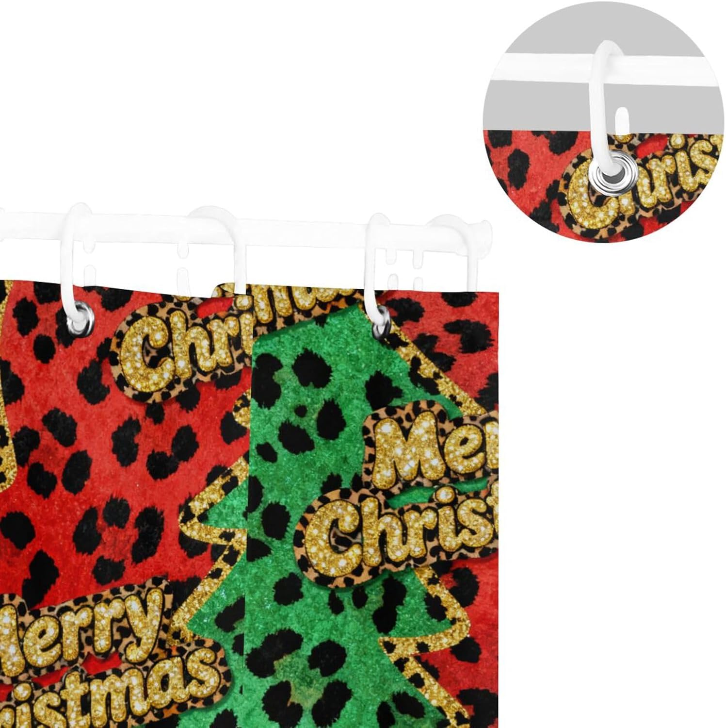 66x72 Inch Water Resistant Shower Curtain Set with Hook Merry Christmas in Green Leopard Polyester Resistant Washable Standard Curtain Liner for Tub Shower