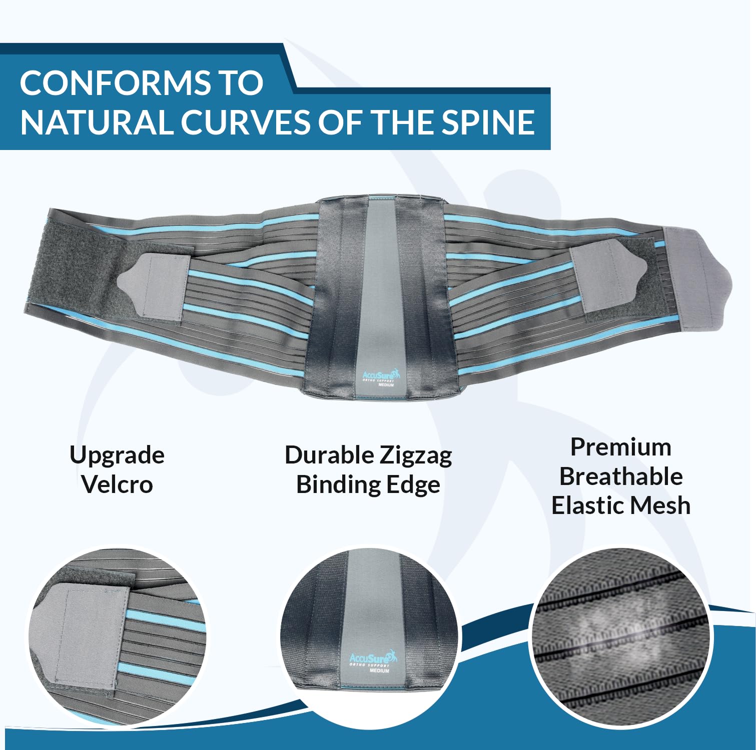 AccuSure Contoured Lumbo Sacral LS Support Belt For Lower Back Brace Support, Posture Correction, Back Pain Relief For Men and Women (L) 3