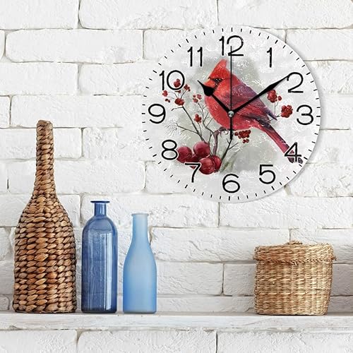 Miniatura 3 de Reloj de pared cardenal de pájaro rojo de invierno, funciona con pilas, sin tictac, de cuarzo silencioso, analógico, rústico, rústico, redondo,