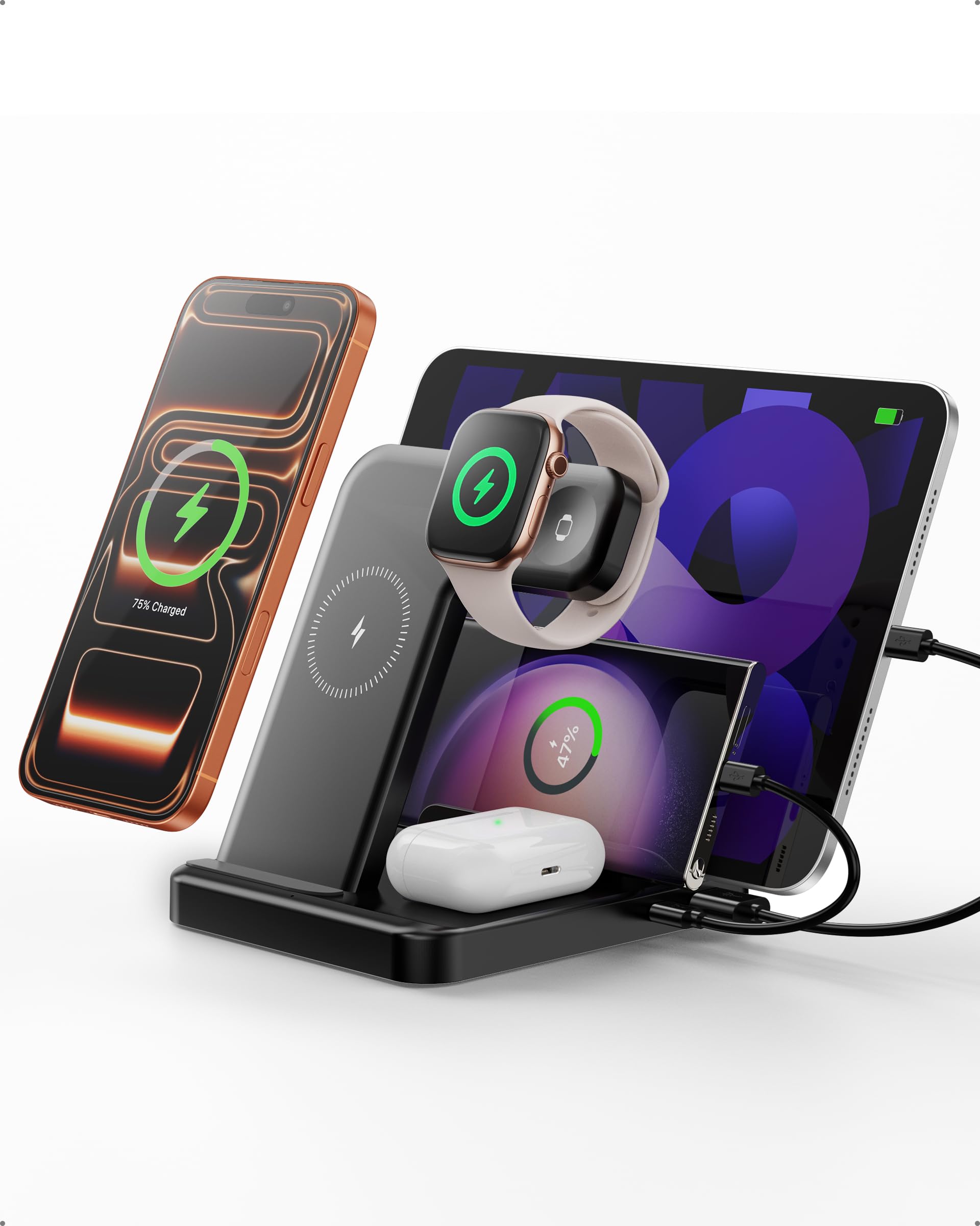 Intoval Stazione di ricarica 5 in 1, per iPhone 15 Pro/15 Pro Max/15 e Android, iPad Pro/Air/Mini, Apple Watch 9/Ultra 2/Ultra/8/7/7/SE, dock di ricarica wireless per più dispositivi (G805, nero)