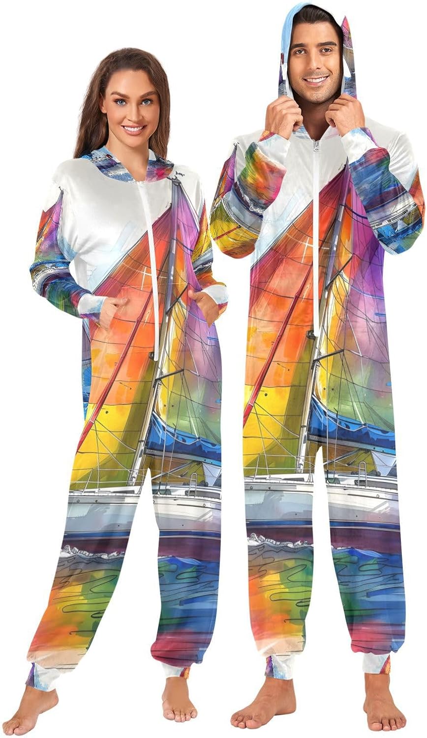 Rainbow Sailboat Watercolor Unisex Adult Onesie Pajamas Comfy One Piece Costume Jumpsuits Novelty Sleepwear Homewear for Men Women