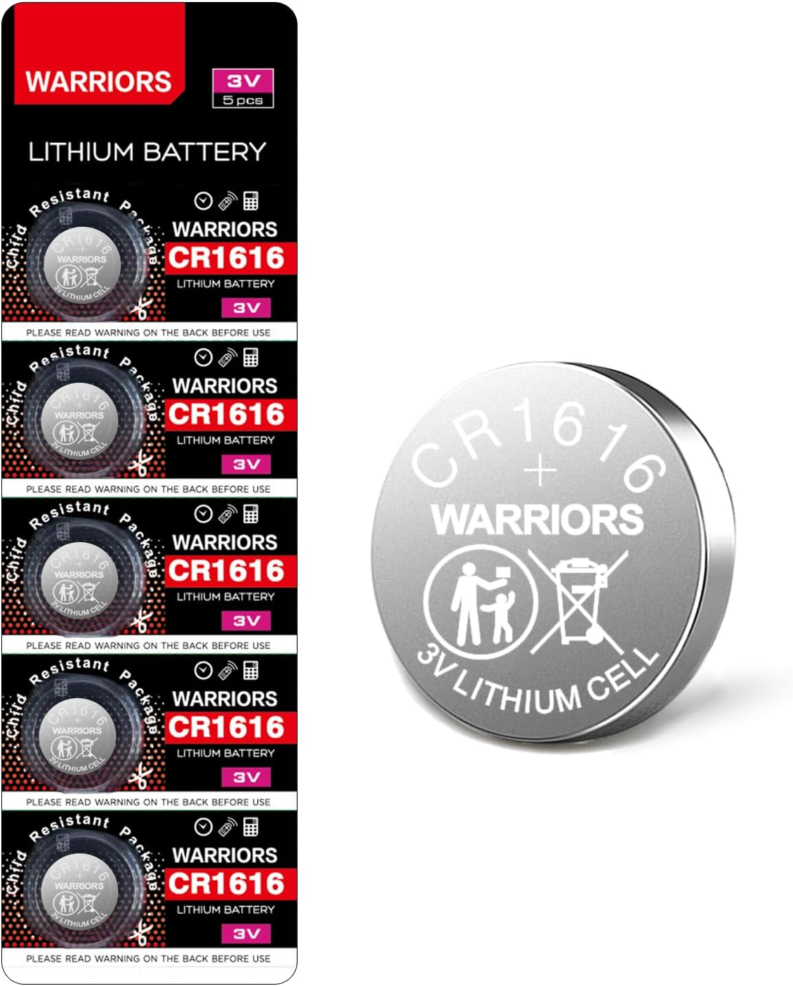 Warriors 5X 1616 CR1616 Coin Button Cell 3V 3 Volt Lithium Batteries Battery 5X Child Resistance Safety Package Retail Pack
