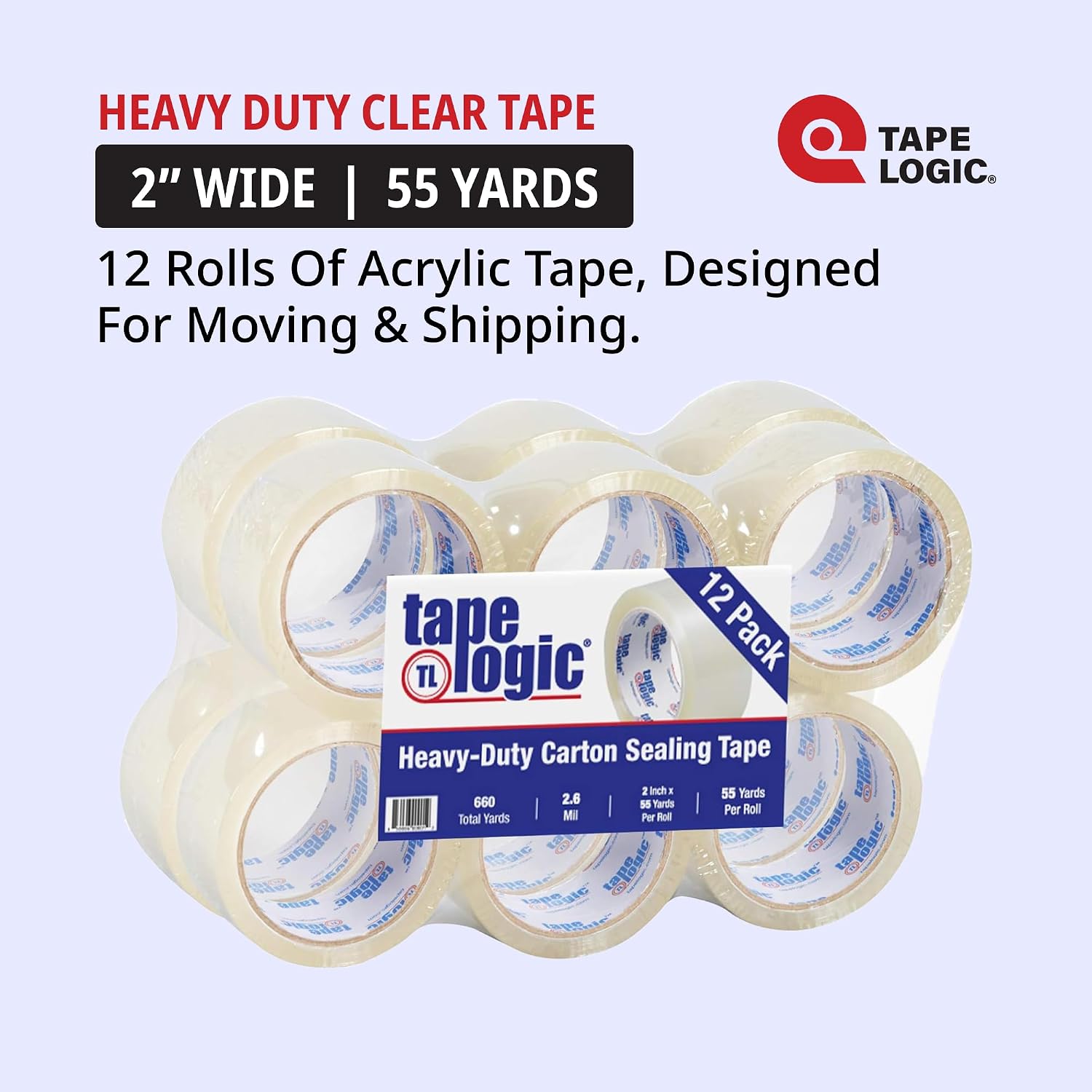 Tape Logic Packing Tape (12-Rolls), 2" x 55 yd 2.6 Mil - Extra Strong Packaging Tape Refill for Shipping, Moving, Order Fulfillment