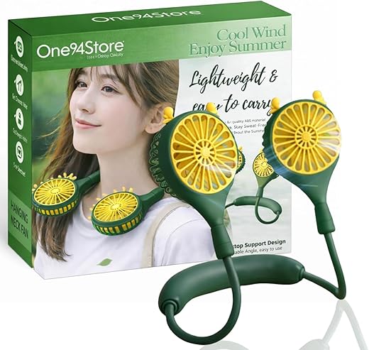 One94Store Rechargeable Neck Fan (Green) | 1200mAh Battery, USB Powered Hands-Free Hanging Fan | Single Speed Dual Fan | Portable Personal Cooling Fan for Travel, Office & Outdoor Use