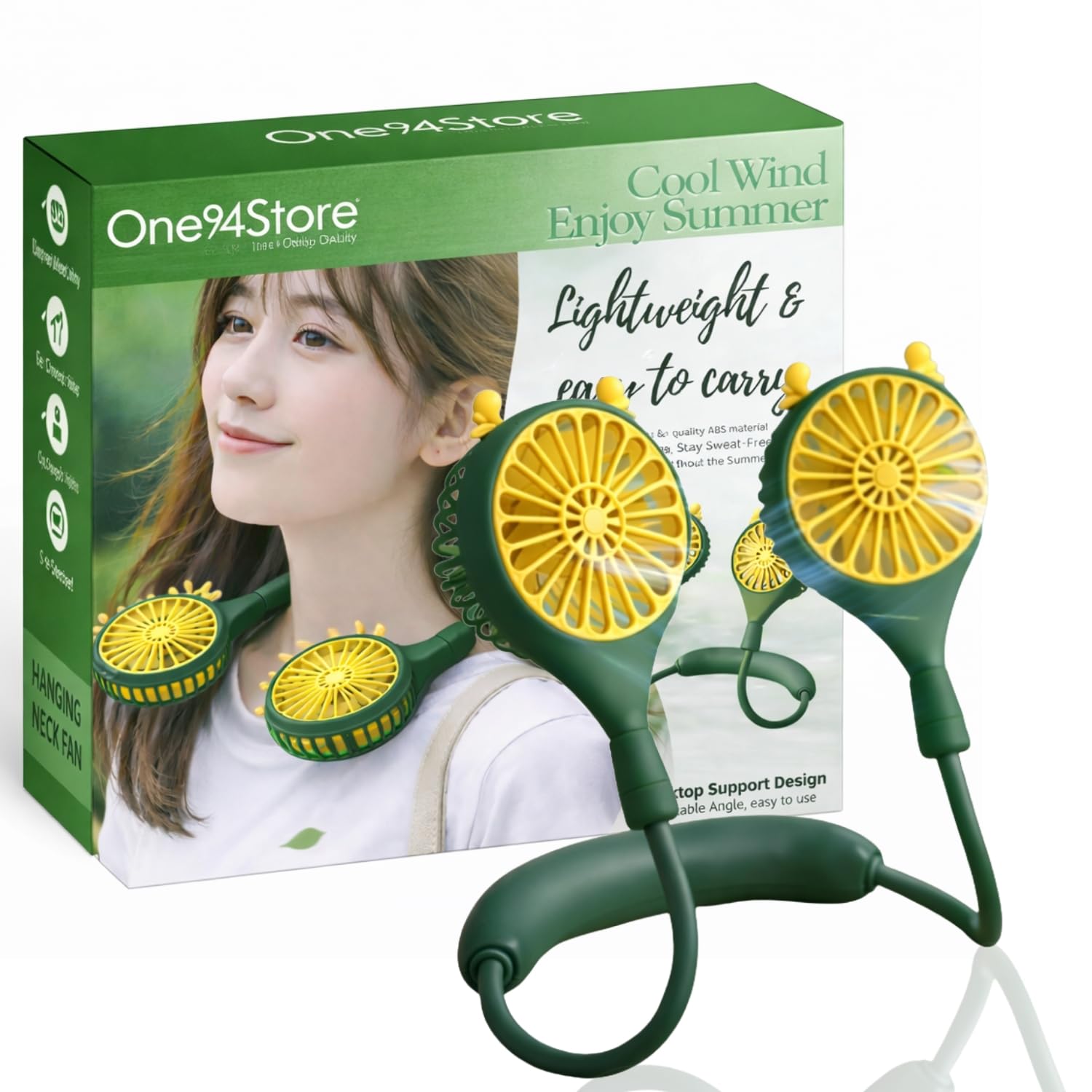 One94Store Rechargeable Neck Fan (Green) | 1200mAh Battery, USB Powered Hands-Free Hanging Fan | Single Speed Dual Fan | Portable Personal Cooling Fan for Travel, Office & Outdoor Use-image-3
